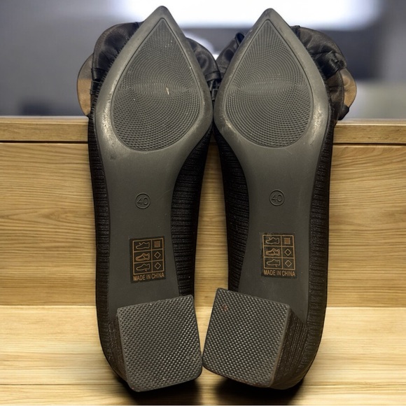 Elegant Black Formal Organza Bow Satin Textured Block Heel Evening Pumps Shoes - Picture 9 of 9